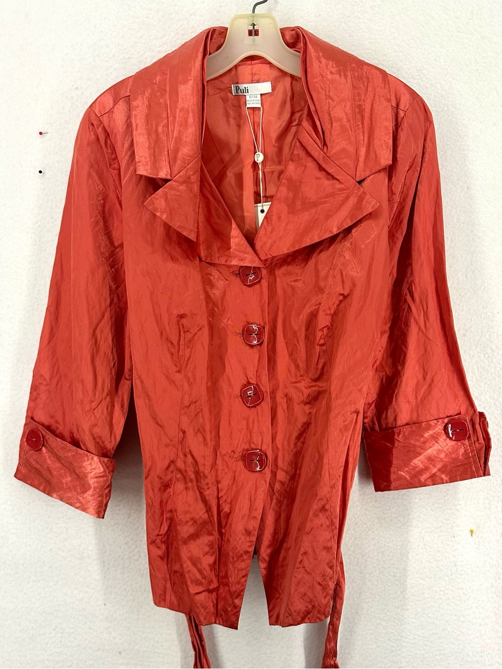 Puli NWT Women’s 8/38 Coral Red Shiny Belted Trench Jacket Y2K Statement Coat